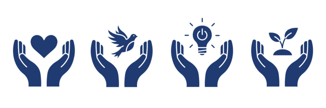 Hands holding heart dove light bulb and plant silhouette icons set for corporate social responsibility csr charity eco and innovation concept