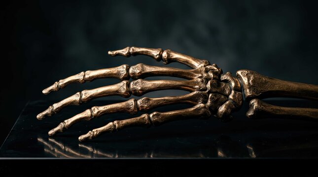 A cinematic widescreen study of a metallic human hand skeleton, showcasing anatomical precision and artistic craftsmanship on a polished dark surface for dramatic moody interior lighting design.