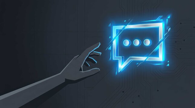 A sleek digital hand reaching towards a glowing neon message bubble on a dark circuit background, representing modern communication, connectivity, and the future of human computer interaction.