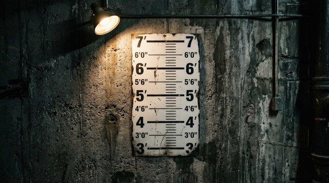 A weathered police mugshot height chart mounted on a dark, gritty concrete wall, illuminated by a single warm spotlight in a cinematic widescreen composition, ideal for dramatic crime themes.