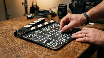 Fototapeta premium Cinematic film clapperboard being prepared for production, showcasing a professional crew member writing scene details on a traditional slate tool for a high quality motion picture film project.