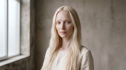 Fototapeta premium Ethereal Portrait of a Serene Woman: A captivating woman with long flowing blonde hair and striking features stands calmly.