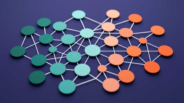 Abstract digital network visualization with connected nodes and circular elements, representing global connectivity and complex systems in a wide cinematic format suitable for modern technology presen