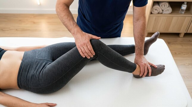 Professional physical therapist performing clinical knee joint mobilization and leg stretching on a female patient, wide angle therapeutic session in a medical office for rehabilitation and recovery.