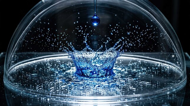 A vibrant blue water droplet creates a crown splash inside a glass dome, captured in a widescreen cinematic frame with elegant dark lighting and precise liquid motion, perfect for abstract design.