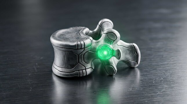 Metallic spinal vertebra model featuring a glowing green core on a dark textured surface, representing advanced biomedical engineering and innovative medical technology for modern healthcare design.