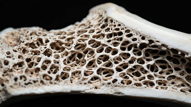 Macro closeup of porous cancellous bone tissue structure, illustrating the intricate organic cellular lattice architecture in a detailed widescreen scientific research composition for medical study.