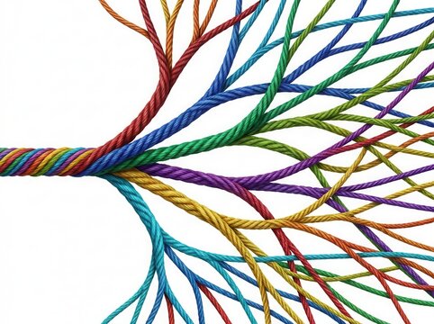 Colorful ropes converging and diverging in a network against white background symbolizing connection and diversity