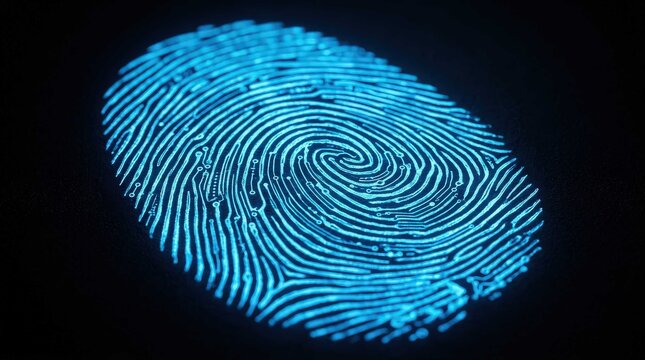 Glowing Digital Fingerprint Scanner Concept Representing Advanced Biometric Security Technology, Futuristic Cyber Identity Verification, Data Protection, and Secure Access Control in Widescreen Format