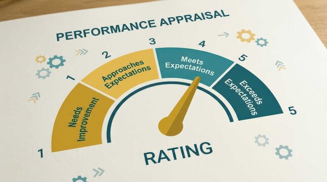 Performance Appraisal Rating Gauge Concept. A Professional Employee Evaluation Metric Tool Showing Assessment Levels From Improvement Needed To Exceeding Expectations In A Widescreen Format.