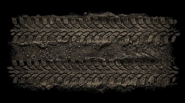 Rugged off road tire tread marks imprinted on dark muddy ground, cinematic widescreen composition showcasing heavy vehicle tracks on a rough dirt surface, isolated on a solid dark background.