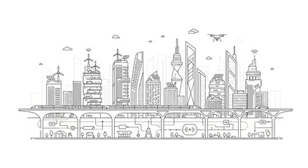 Fototapeta premium A detailed line art illustration of a futuristic smart city skyline with underground infrastructure.