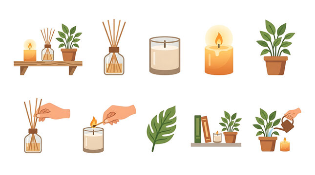 Cozy home decor elements set with candles, reed diffusers, and potted plants