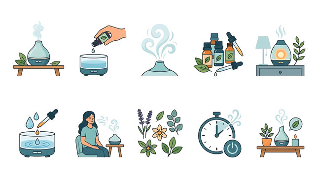 Set of aromatherapy and essential oil diffuser icons vector illustration of home fragrance devices, oil bottles, plants, and relaxation concepts