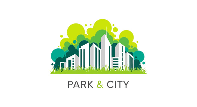 A modern logo design featuring a stylized city skyline integrated with lush green park foliage.
