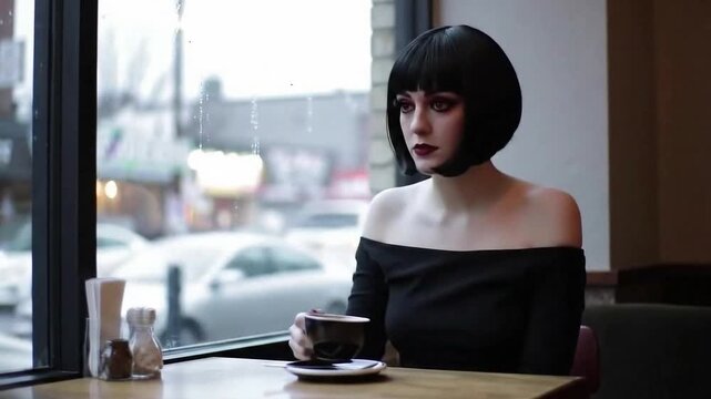 Melancholic Young Woman with Black Bob Haircut Drinking Coffee Alone in Cafe on a Rainy Day