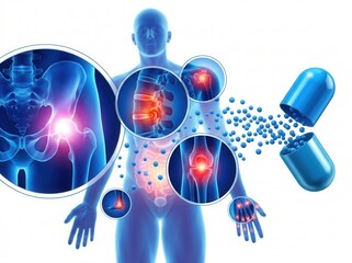 Fototapeta premium Human skeletal system anatomy with joint pain highlighted during pharmaceutical treatment concept