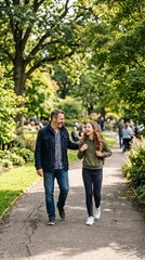 Obraz premium Father and daughter walking in a sunny park on a path