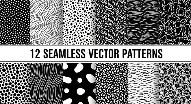 Seamless Black and White Vector Patterns with Geometric and Floral Motifs