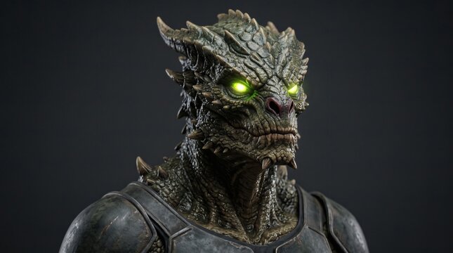 Alien Warrior: A fierce reptilian alien warrior with glowing green eyes and scaly skin stands ready for battle, its intimidating gaze and armored chest piece exuding a powerful presence.