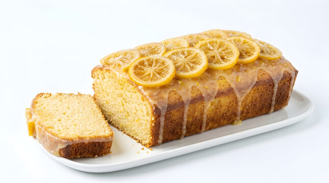 A whole loaf of lemon drizzle cake with a thick sugary glaze and fresh citrus slices served on a white ceramic plate