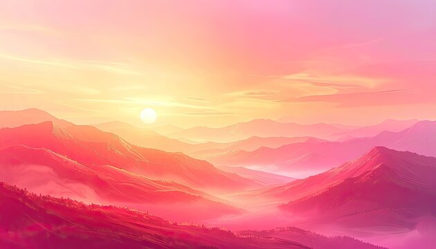 Vibrant Sunrise Over Misty Mountain Range in Pink and Orange Hues.