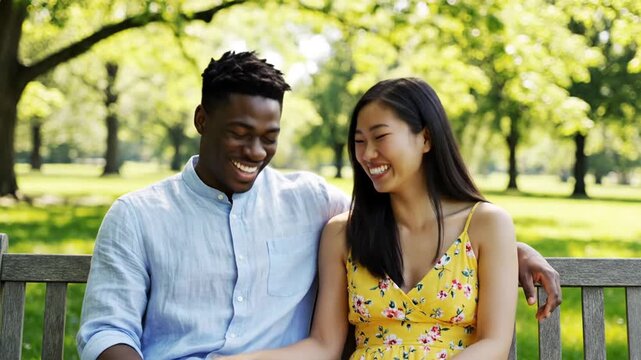 Young multiethnic couple talking on park bench in sunshine