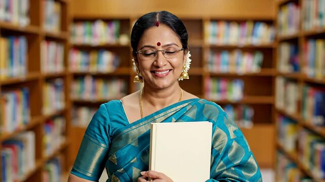 Indian Female Professor in Traditional Silk Sari with Modern Pattern in Library, Smiling While Holding Notebook Standing Amidst Bookshelves