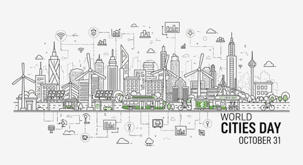 Obraz premium A detailed line art illustration of a modern smart city skyline for World Cities Day.
