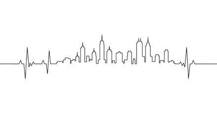 Obraz premium A continuous line drawing of a city skyline integrated into a heartbeat rhythm.