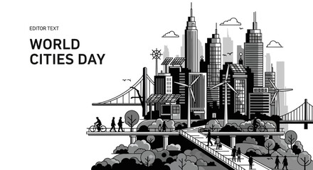 Obraz premium Black and white illustration of a sustainable modern city skyline for World Cities Day.
