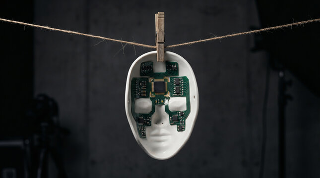 Social Engineering Concept White Porcelain Mask with Circuit Board on Back