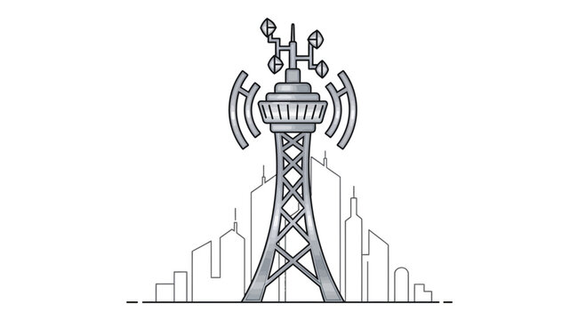 A detailed line art illustration of a tall telecommunications tower with signal waves.