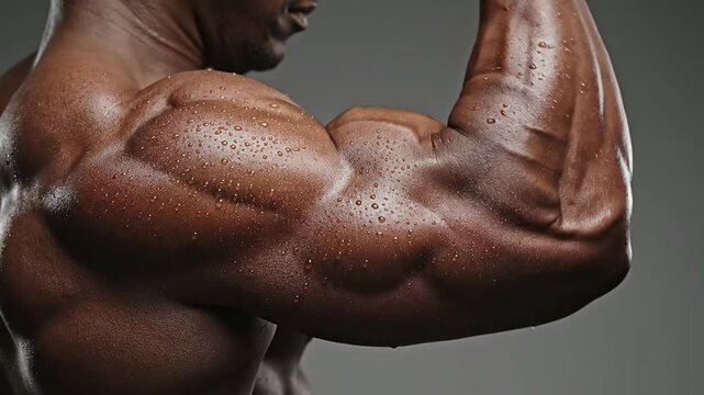 Macro Shot of Bodybuilder's Tensed Bicep and Shoulder Showcasing Muscular Definition and Strength with Water Droplets