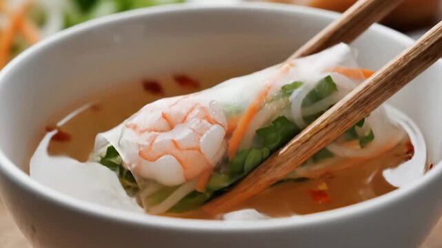 Macro Shot of Fresh Vietnamese Spring Roll Held with Wooden Chopsticks Dipping into Savory Sauce in Bowl