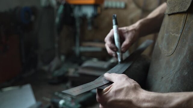 Blacksmith marking metal bar with ruler and marker in workshop