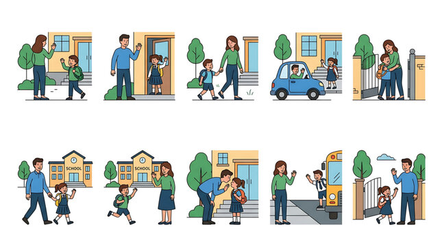 A set of cartoon illustrations depicting various scenes of parents and children on their way to school, including walking, driving, and waving goodbye