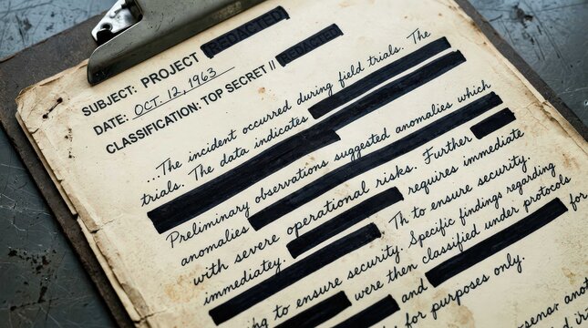 A weathered and antique document featuring heavily redacted sensitive text on a vintage clipboard, creating a cinematic wide frame that evokes a sense of historical mystery and espionage intrigue.