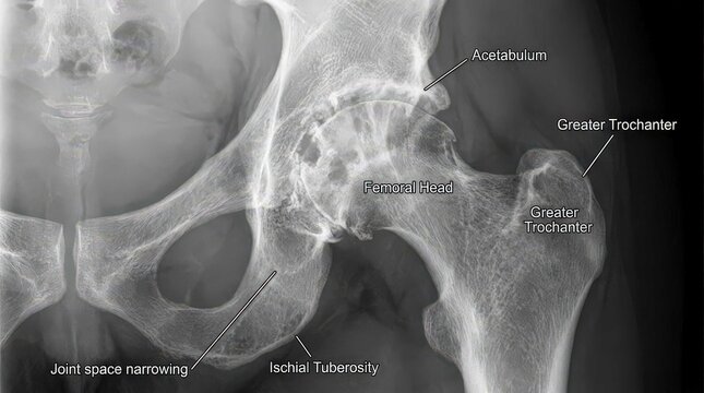 Annotated Lateral Radiographic View of the Human Hip Joint Showing Osteoarthritis Symptoms. Detailed Medical Imaging Analysis of the Femoral Head, Acetabulum, and Joint Space Narrowing Pathologies.