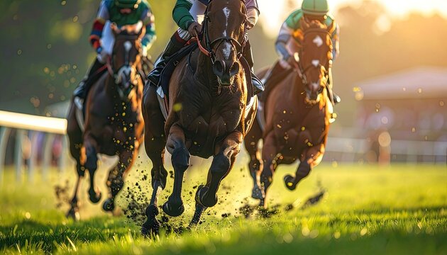 Close-up of three thoroughbred horses racing on a grassy track at sunset.