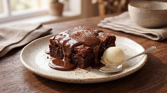 Decadent Chocolate Brownie: A rich, fudgy chocolate brownie topped with glossy chocolate sauce and a scoop of creamy vanilla ice cream, served on a rustic plate.