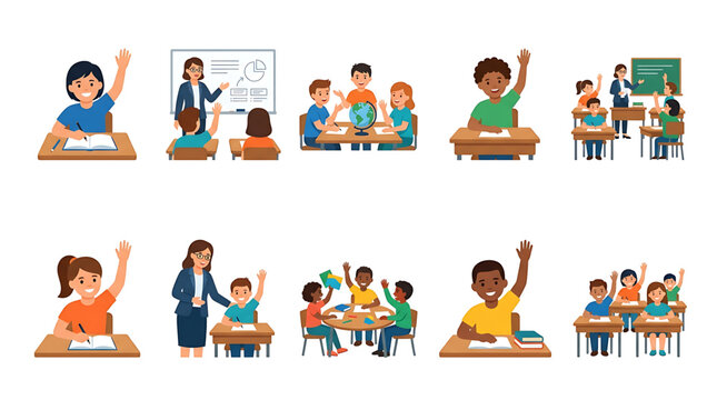 Vector illustration of diverse students and teachers in a classroom setting, engaging in educational activities and raising hands
