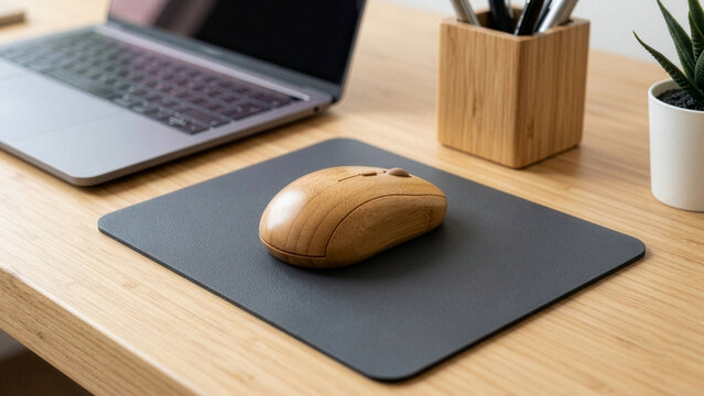 Eco-Friendly Bamboo Wireless Mouse on a Dark Mousepad at a Modern Wooden Desk Setup