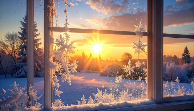 Beautiful Winter Sunrise Seen Through a Frosty Window.