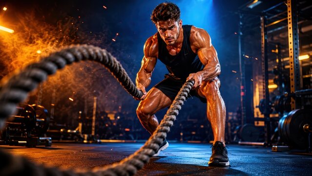 Male athlete slamming battle ropes in dark gym. Concept for CrossFit functional training, explosive strength, conditioning workout and fitness advertising.
