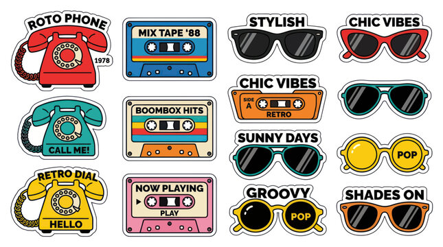 Retro 80s & 90s Pop Culture Icons: Cassettes, Rotary Phones, Sunglasses