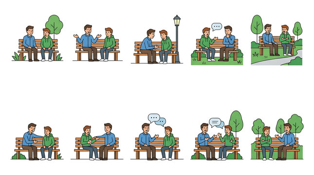 A set of cartoon men sitting on a park bench in various conversation poses and expressions