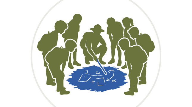 Silhouette illustration of scout leader showing map to children