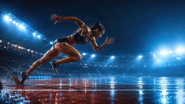 Male sprinter racing through blue stadium light. Concept for explosive speed, track performance, athletic discipline and fitness advertising.
