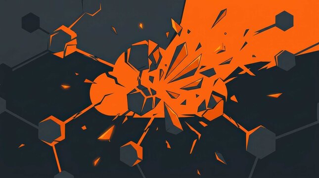 Abstract digital cloud network shattering into geometric fragments with vibrant orange and dark grey tones. This widescreen cinematic banner features interconnected nodes and data visualization.